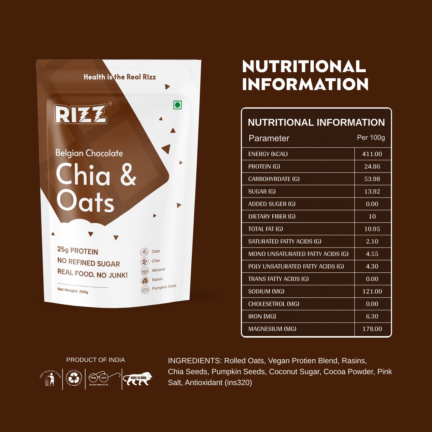 Rizz chia and oats nutrition facts and ingredients