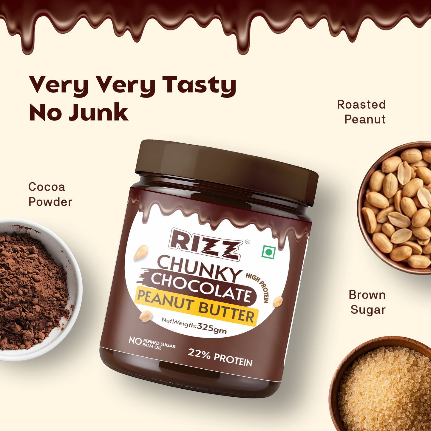 Rizz Chocolate Chunky Peanut Butter – High Protein Peanut Butter | No Palm Oil | No Refined Sugar (Pack of 2 -650g)