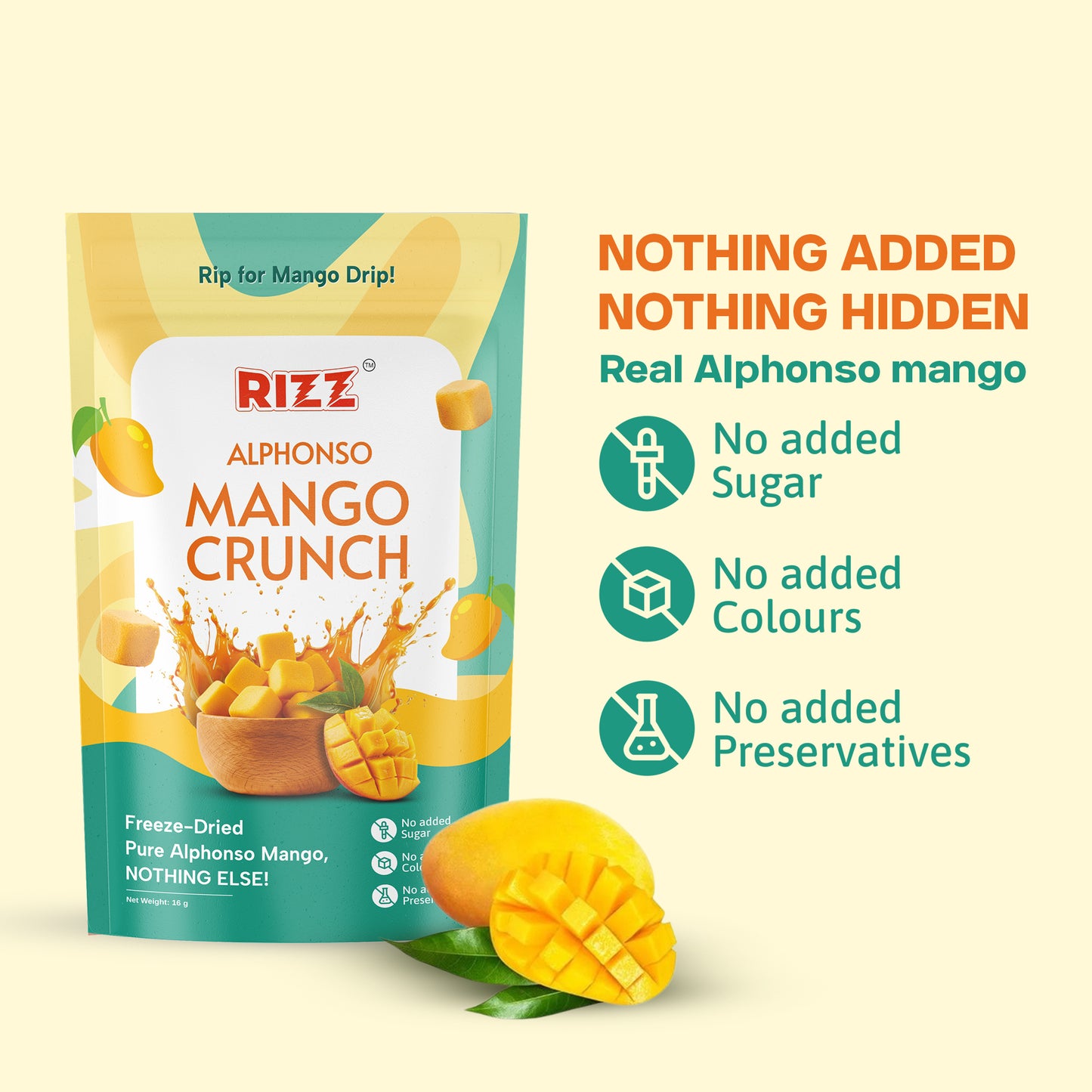 Rizz Mango Crunchies – Freeze Dried Alphonso Mango Snack | No Added Sugar | Healthy Fruit Snack (Pack of 2)