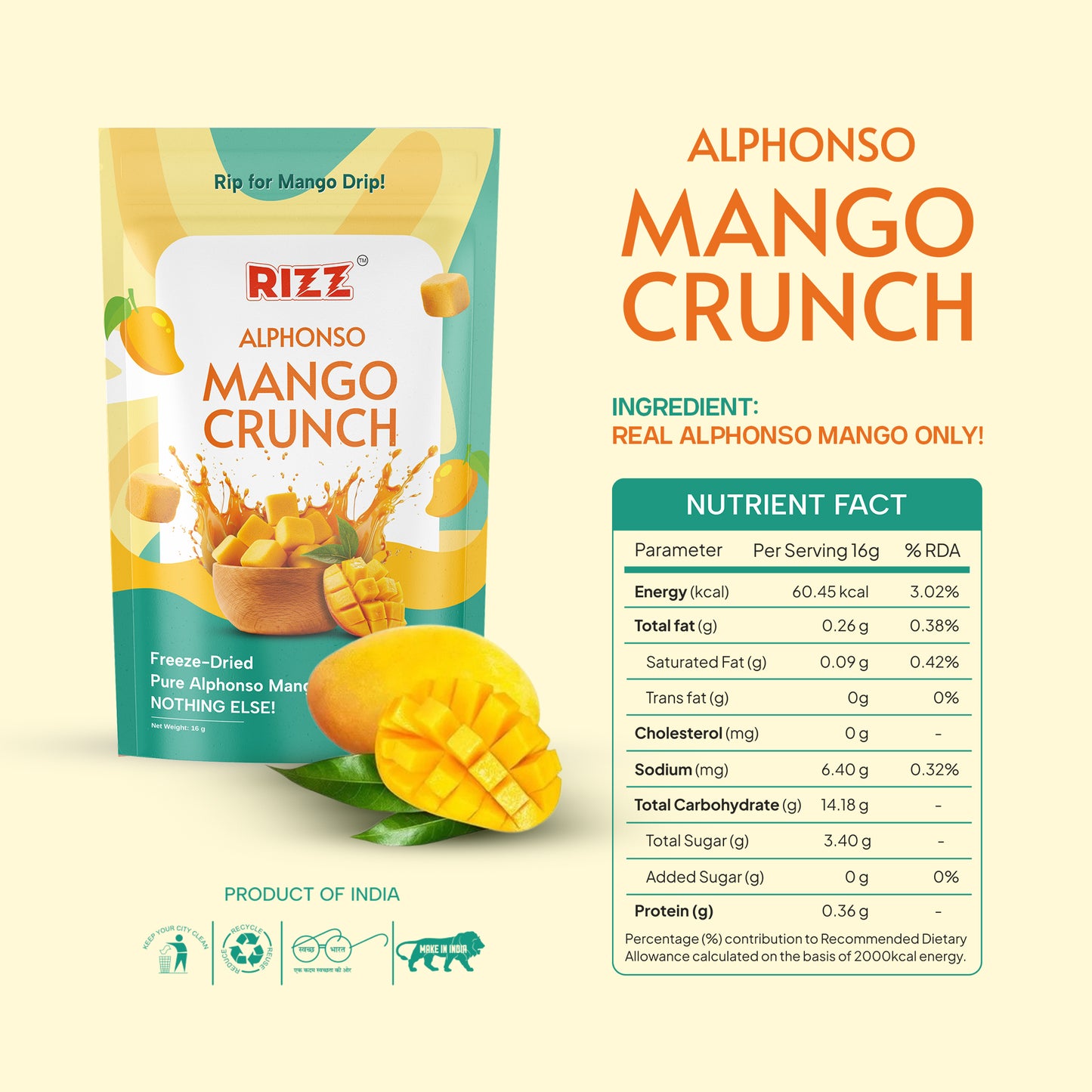 Rizz Mango Crunchies – Freeze Dried Alphonso Mango Snack | No Added Sugar | Healthy Fruit Snack (Pack of 2)