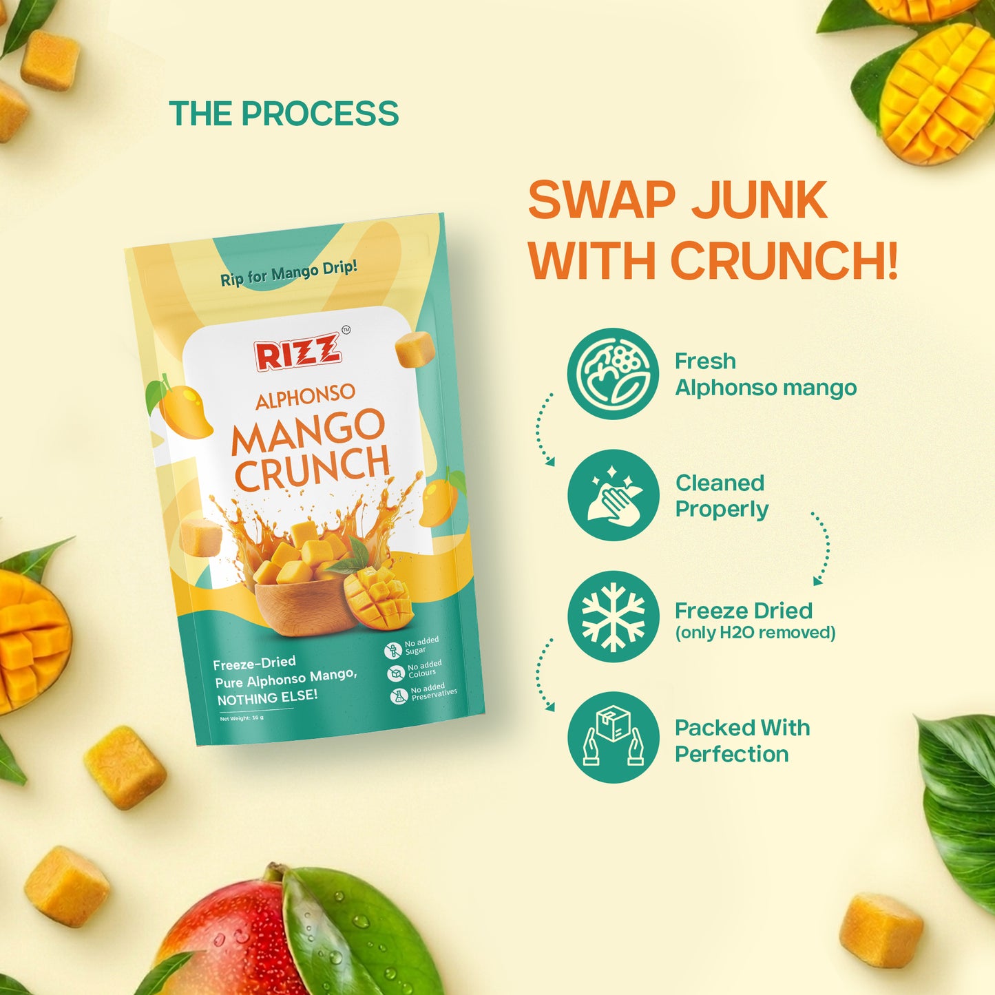 Rizz Mango Crunchies – Freeze Dried Alphonso Mango Snack | No Added Sugar | Healthy Fruit Snack (Pack of 2)